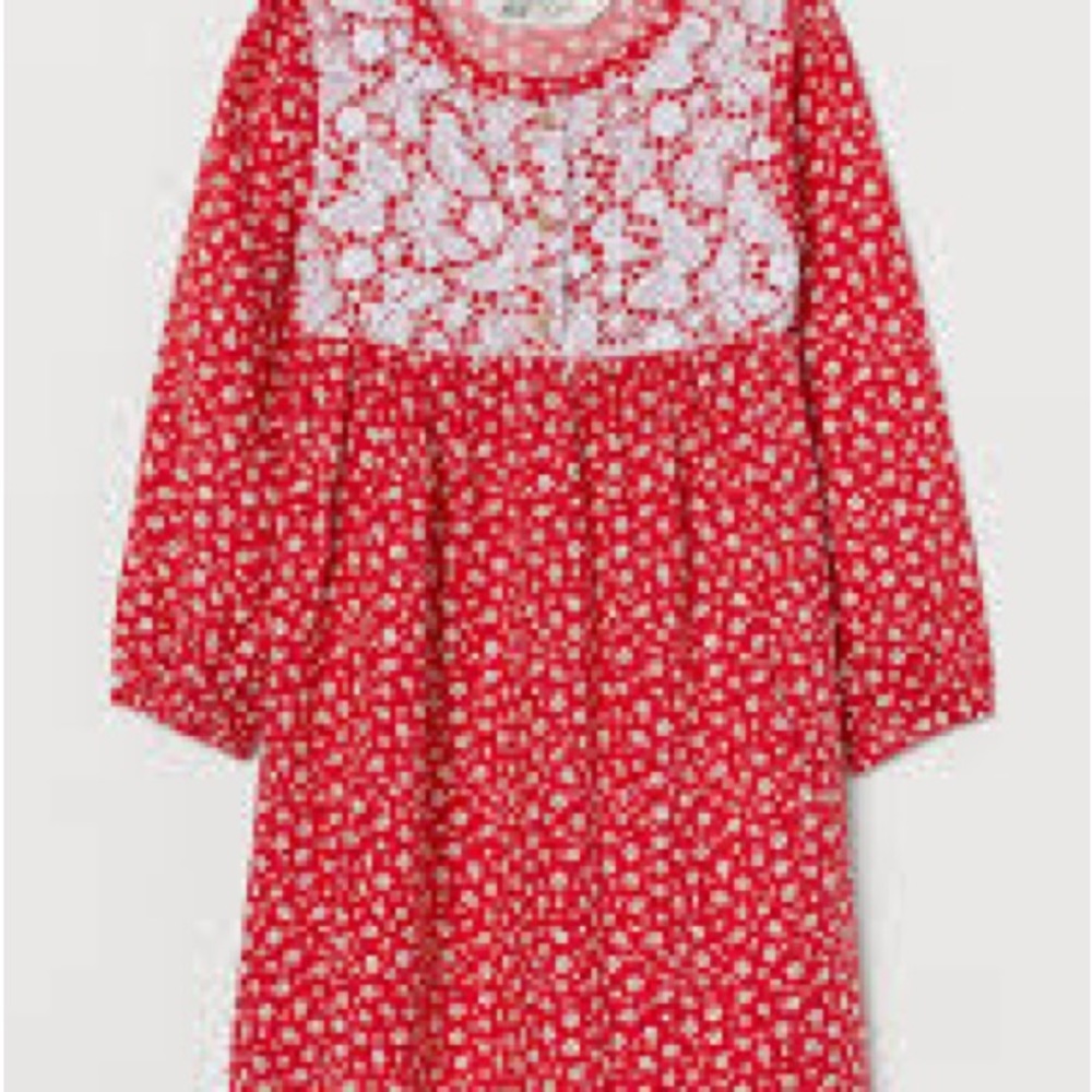 H&M Girls Red Floral Lace Dress Size 7/8 Boho Cottagecore Long Sleeve - Picture 8 of 8